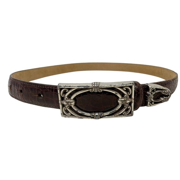 Vtg Brighton Croc Embossed Leather Belt Silver‎ Buckle Size Med Approx 28 - 32” - Picture 1 of 11